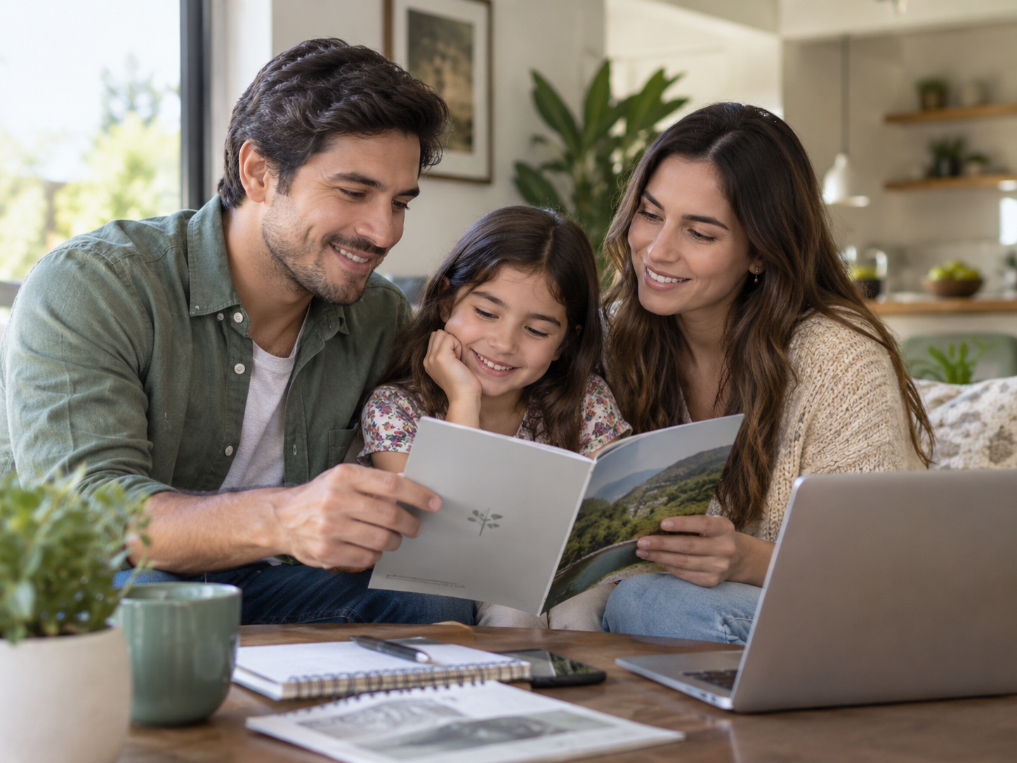 Familia revisando información de salud en casa